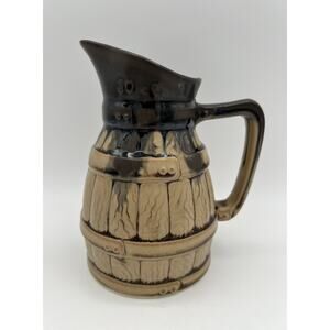 Vintage French Pottery 6” Barrel Creamer Pitcher Black Drip Glaze P65/50 France